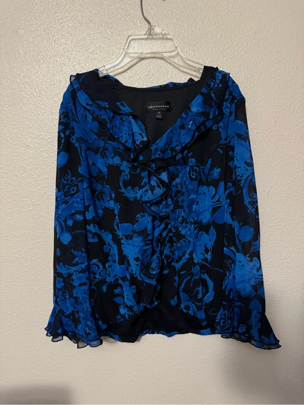 connected apparel Black and Blue Floral Ruffle Blouse